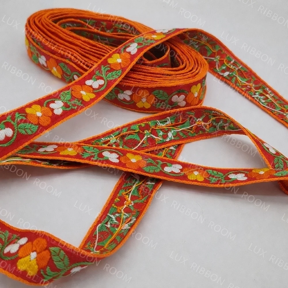 Vintage French Woven Floral Ribbon Red Orange Jacquard Two (2)Yards